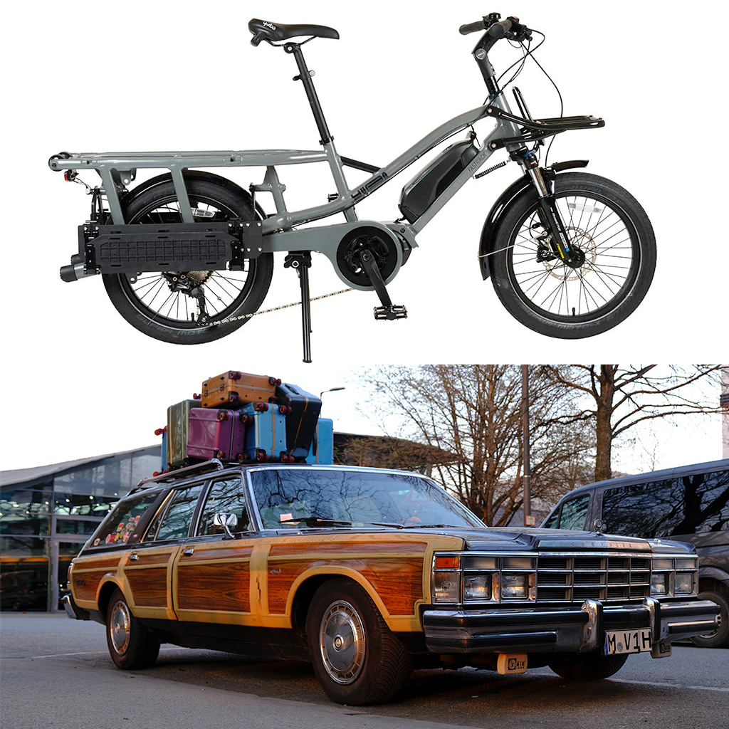 Comparison of a product photo of a Yuba FastRack Compact Cargo eBike to a station wagon with wooden panels and a load of suitcases strapped to the roof