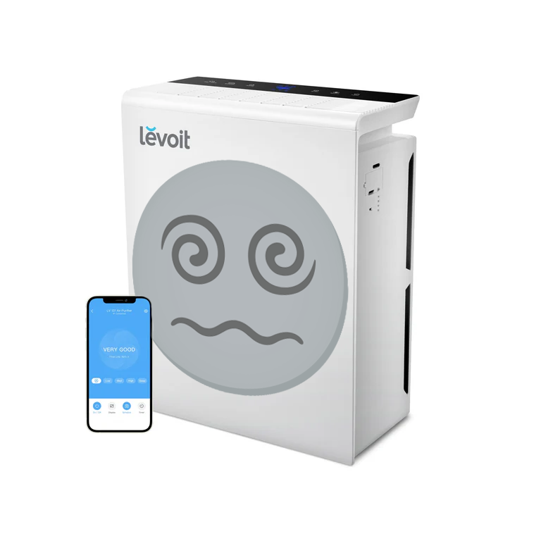 Manipulated photo of an anthropomorphized air purifier with the 😵‍💫 emoji