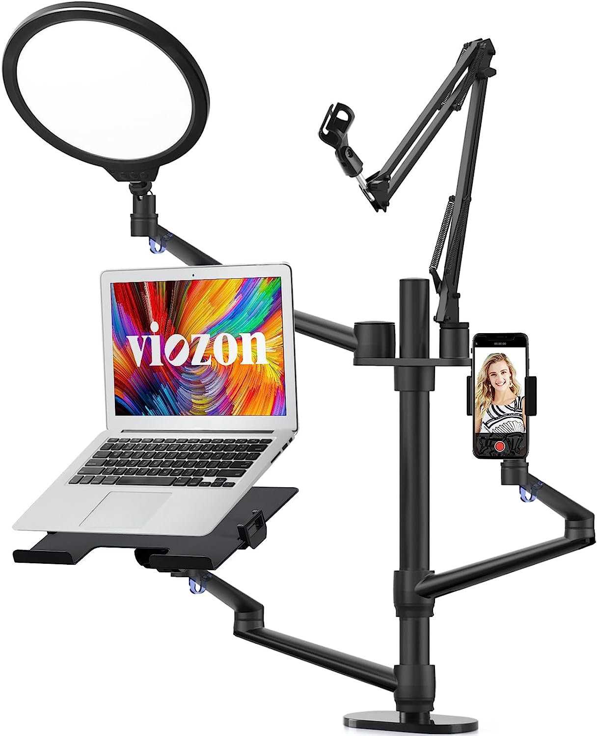 Product photo of "Viozon Selfie Desktop Live Stand Set", emphasizing the gangly arms that hold a laptop, a ring light, a mobile phone, and a microphone holder