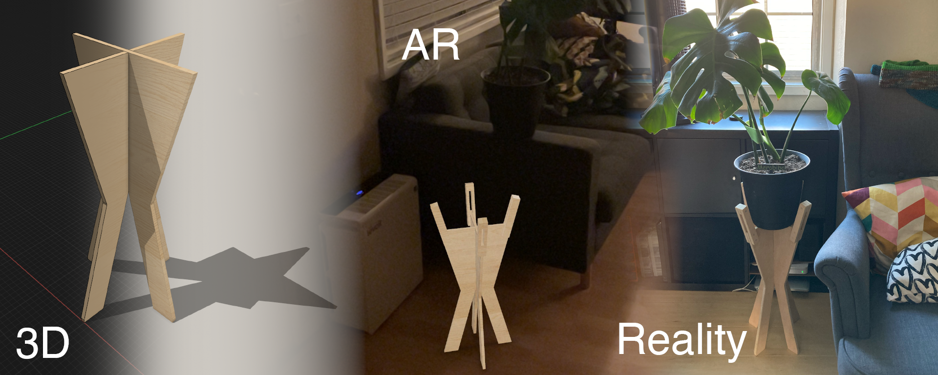 Triptych of a 3D visualization of the fourth version of the stand, an augmented reality (AR) view of the design rendered in my living room, and a photo of the stand with the plant pot in place