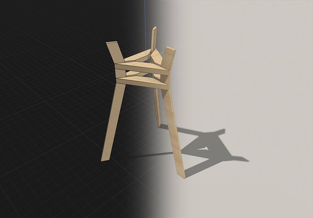 Visualization of first version of stand: a tripod with thin legs and two levels of chunky triangular braces