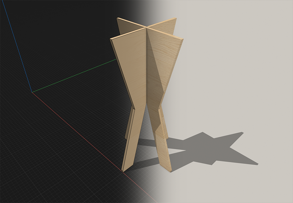 Visualization of fourth version of stand: a four-legged stand made from two intersecting X-shaped boards; the top of the X is left flat to allow the pot to balance
