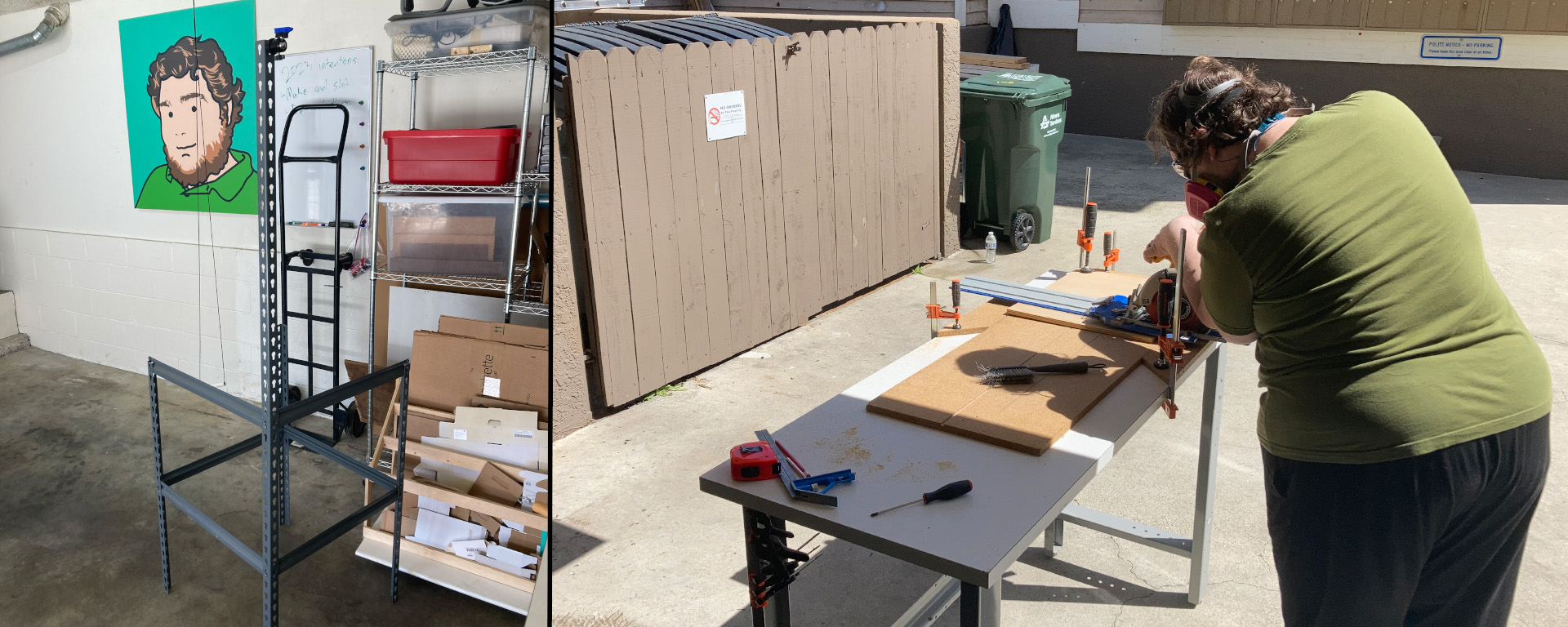 Two photos: 1) heavy-duty shelving unit parts assembled in a square with a protruding beam holding a mounting bracket for my phone and 2) me using the circular saw on a workbench located just outside my garage