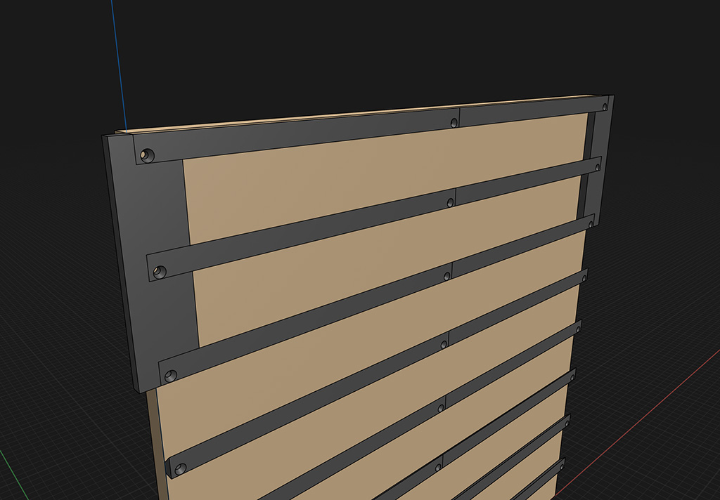 Closeup 3D rendering of the same board from earlier, but with two spacing jigs on the left and right showing how the jigs will be used to position the rails consistently