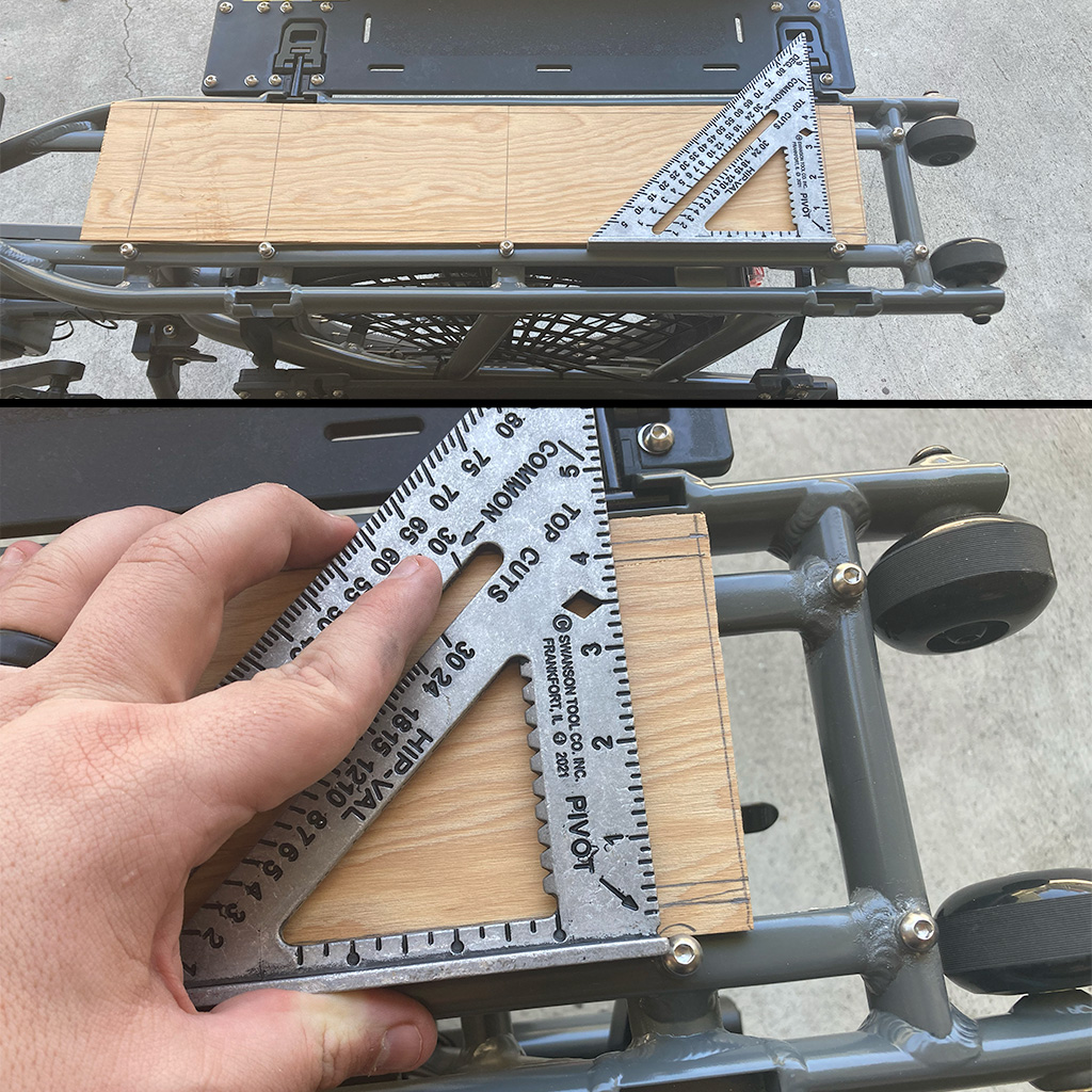 Photos showing the use of a speed square to transfer the positions of mounting bolts to a scrap piece of plywood