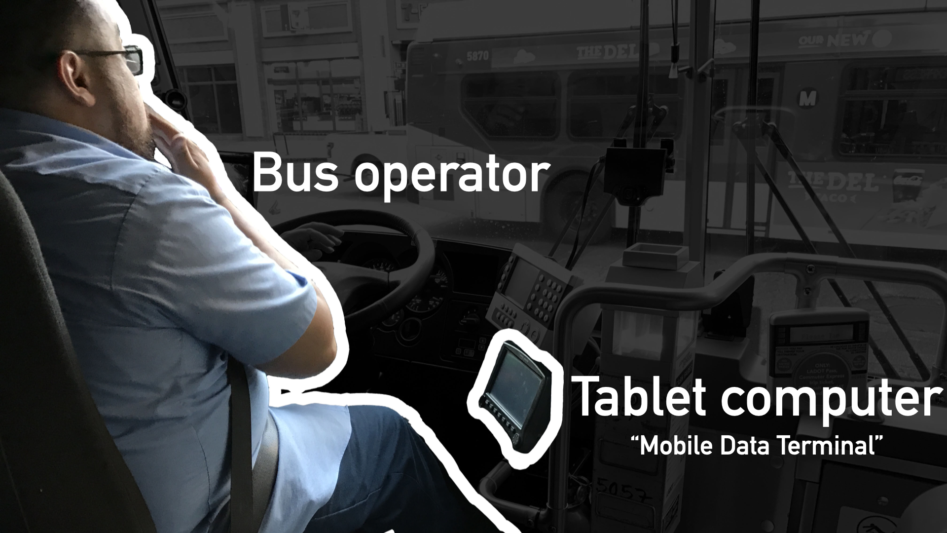 photo of a bus operator and a tablet computer (mobile data terminal) onboard a transit bus