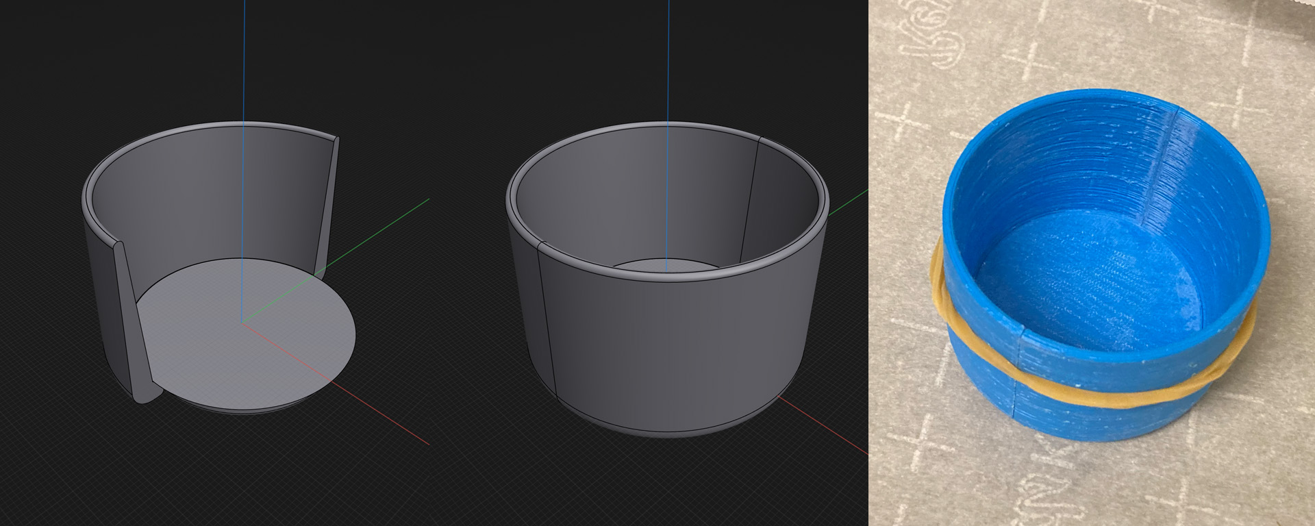 Two renderings and a photo: 1) a small cup with a line bifurcating the cup vertically, 2) the same cup with one half hidden to show the base and the remaining half cup and 3) a photo of the final cup with a rubber band bound around the mold to keep it together