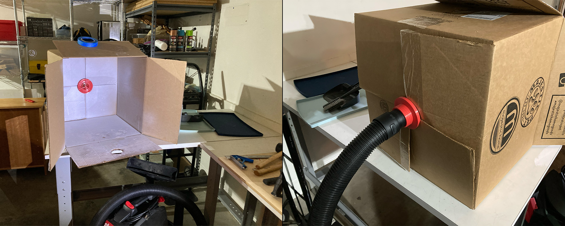 Diptych of interior view of assembly paint booth and rear view with vacuum hose attached