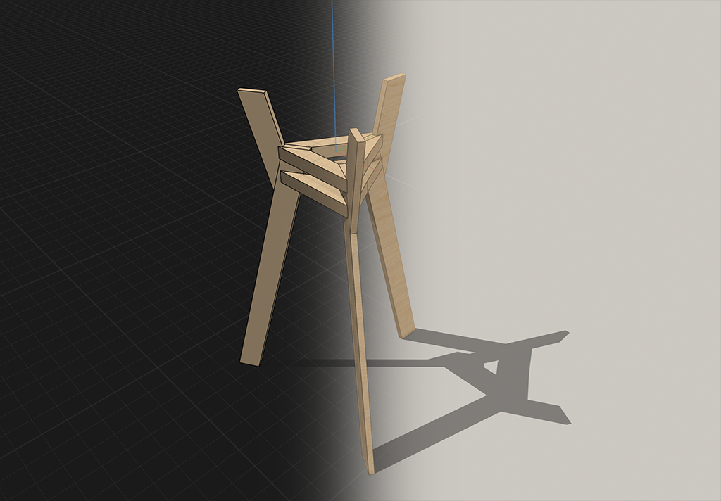 Visualization of second version of stand: a tripod with thin legs with fewer angles and the same two levels of chunky triangular braces