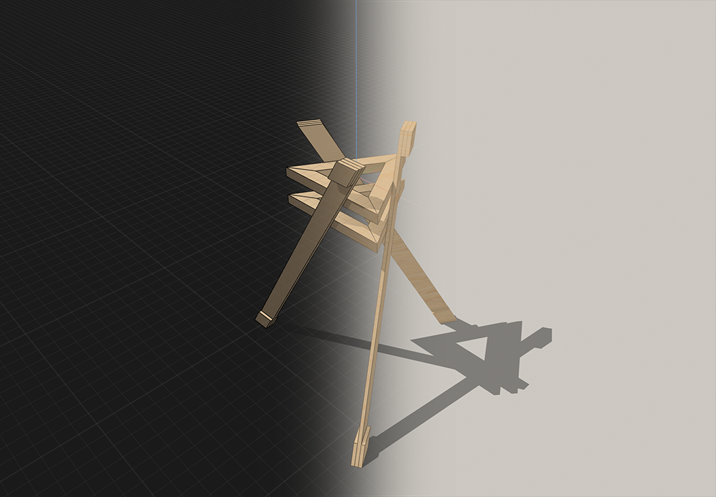 Visualization of third version of stand: a tripod with thin legs that attach diagonally across two levels of chunky triangular braces and extend outward from each point of the triangle